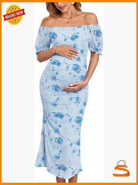 Mesh Maternity Cocktail Dress Square Neck Puff Sleeve Bodycon Fishtail